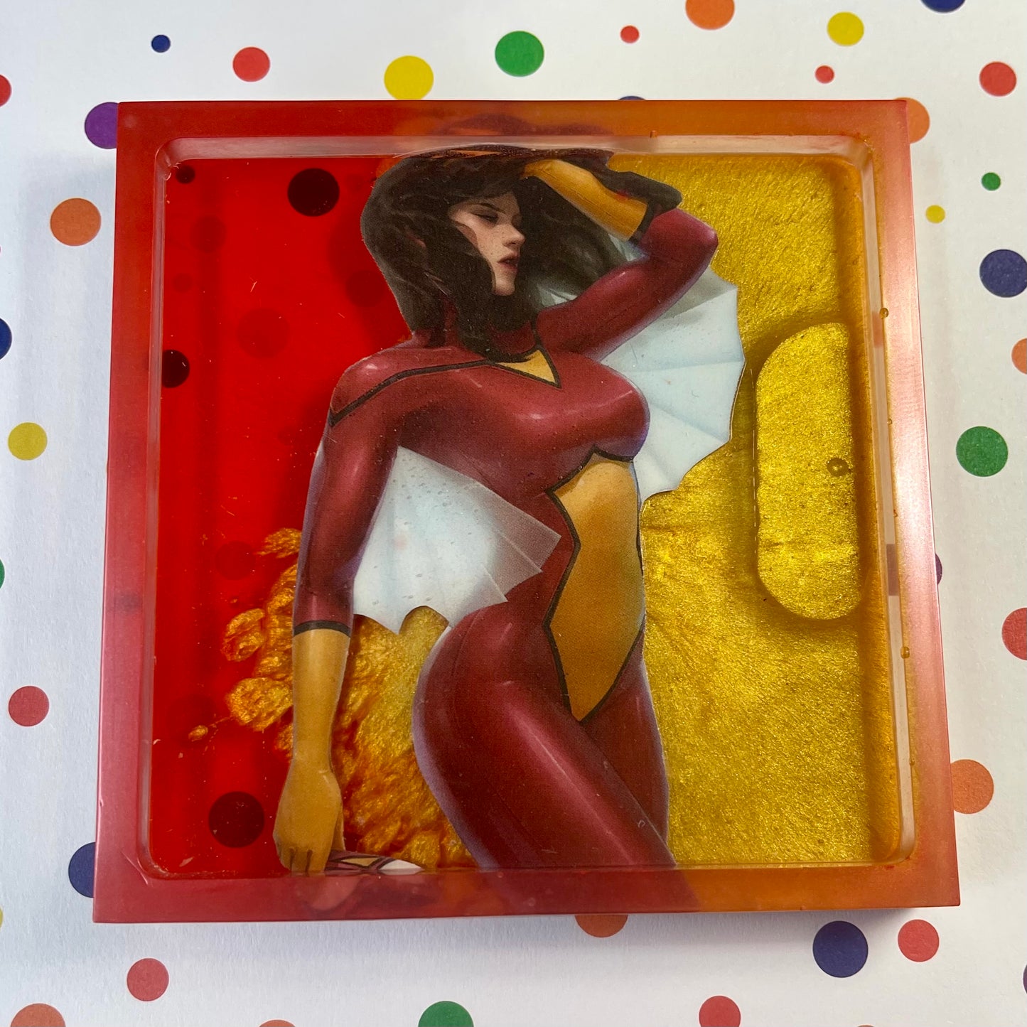 Gold and Red Spider Comic Book Resin Coaster