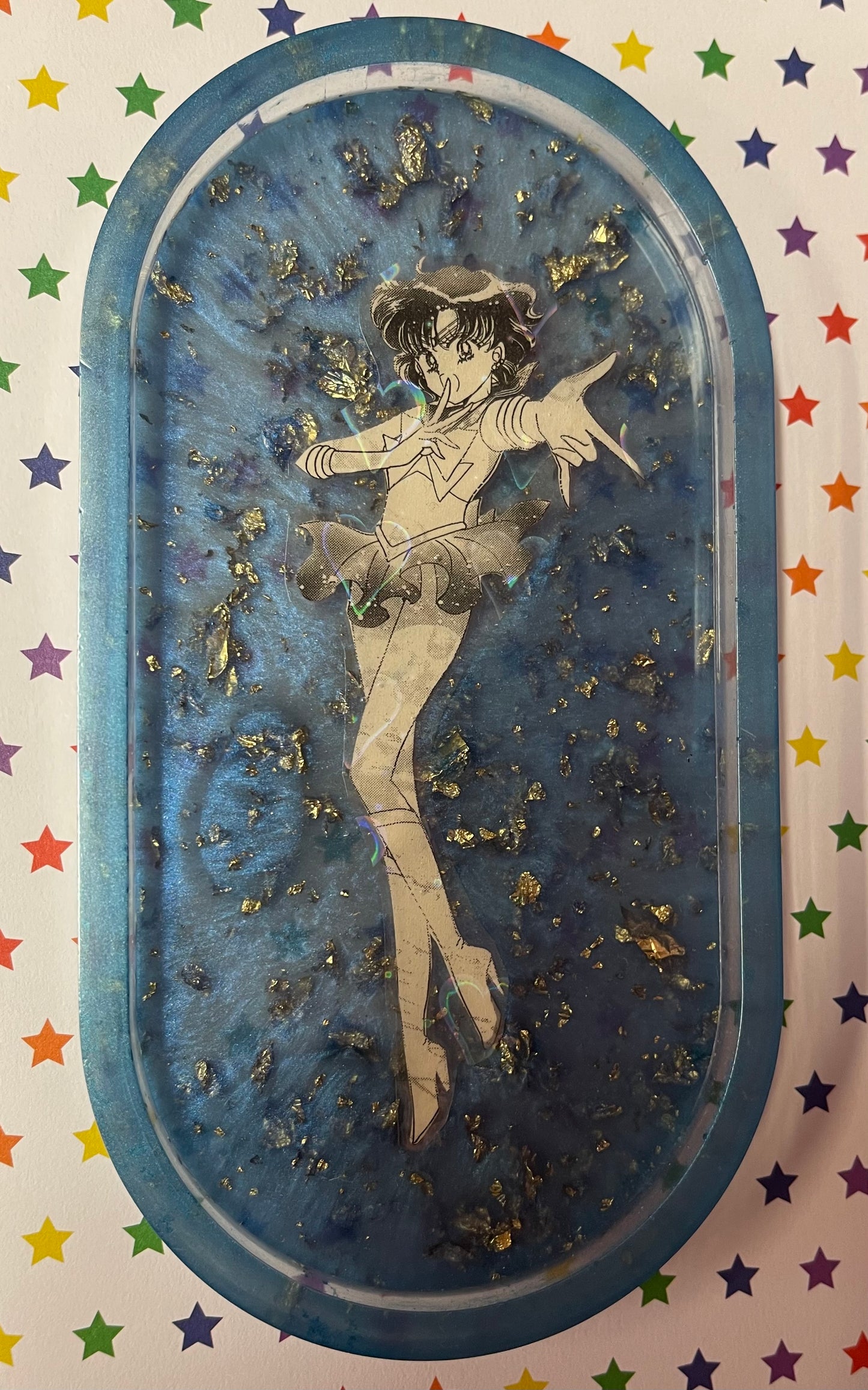 Blue and Gold-Flecked Manga Resin Ash Tray