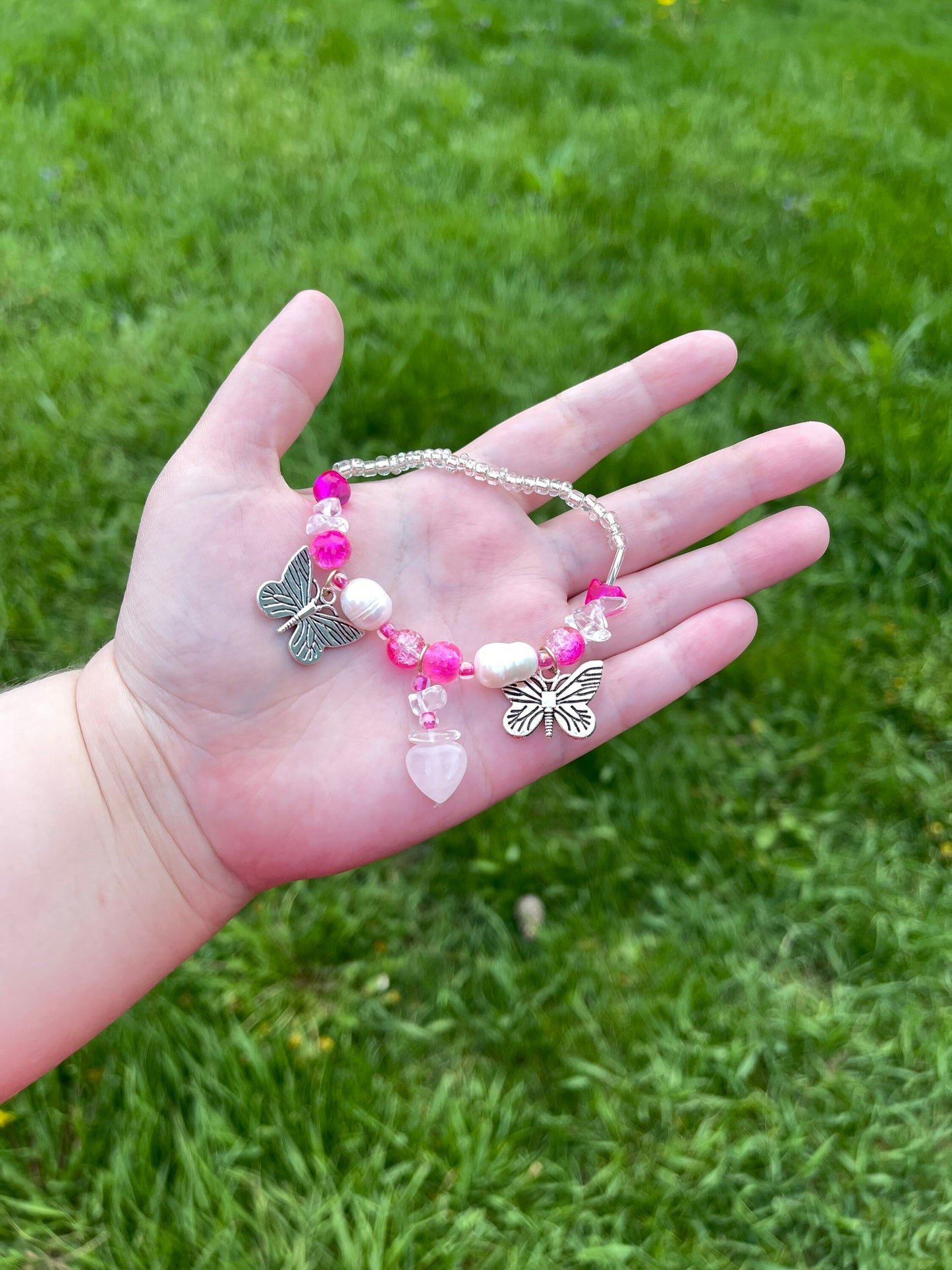 Flutter Hearts - Butterfly Pearl Rose Quartz Pink Bracelet
