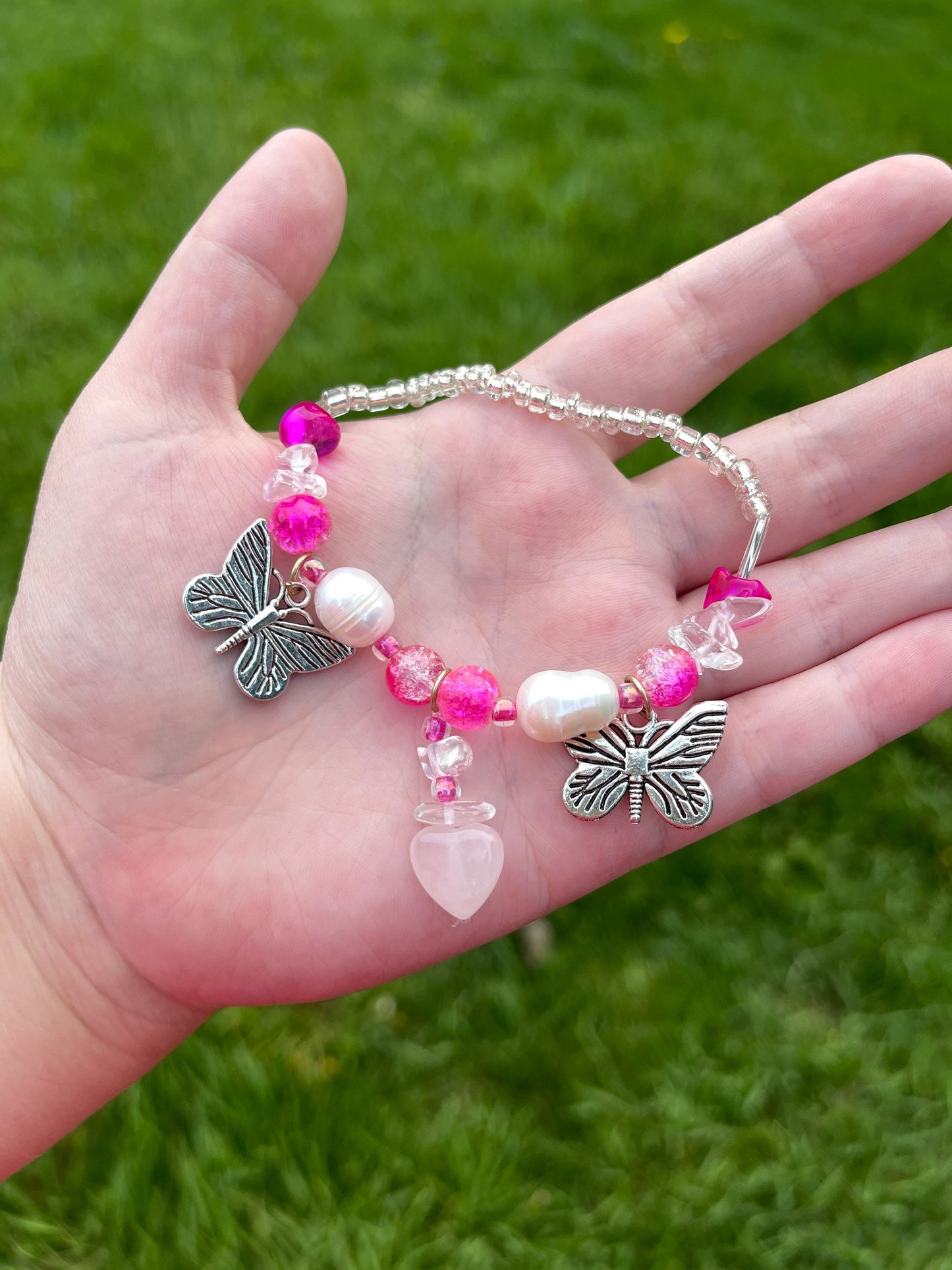 Flutter Hearts - Butterfly Pearl Rose Quartz Pink Bracelet
