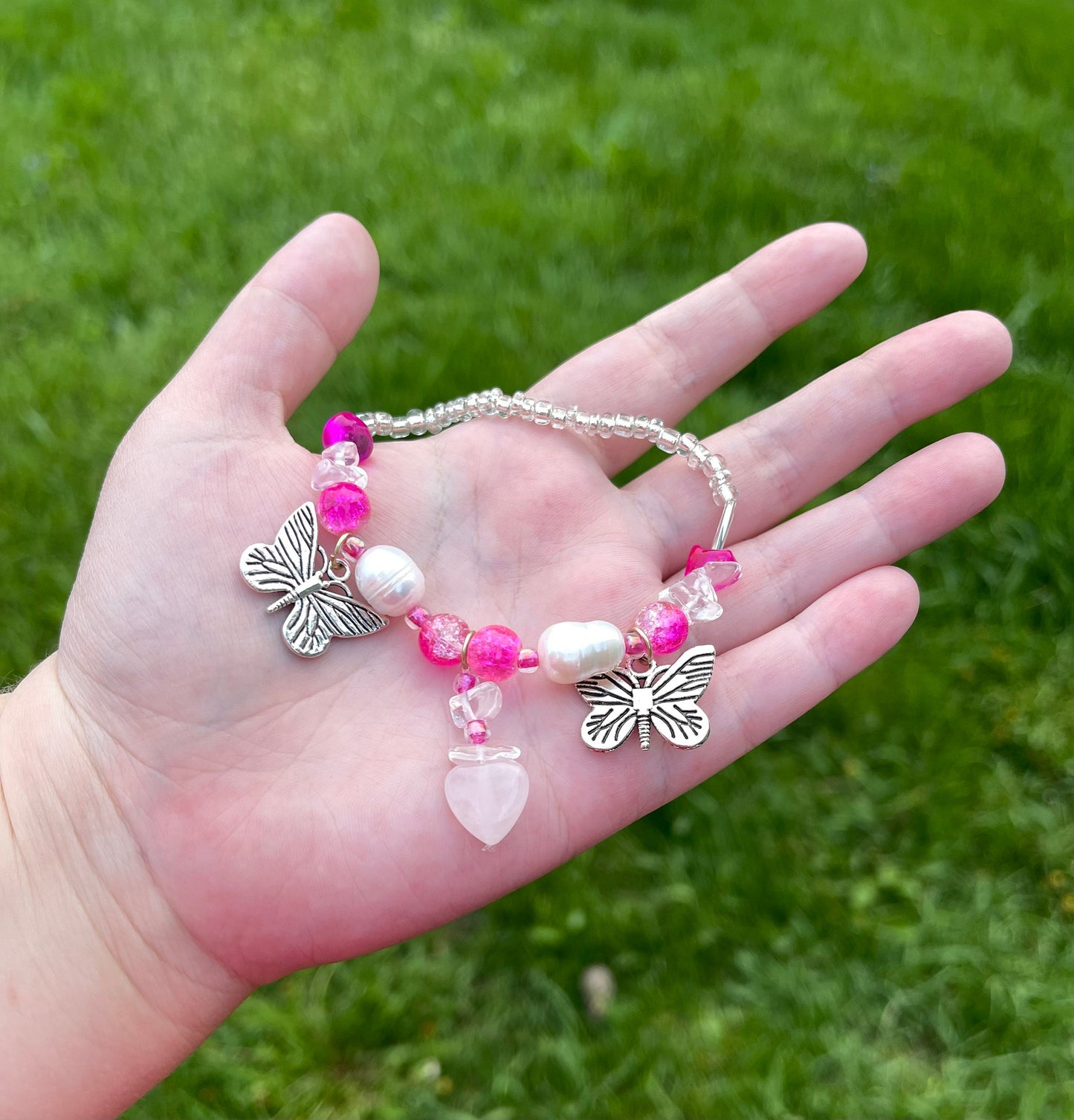 Flutter Hearts - Butterfly Pearl Rose Quartz Pink Bracelet