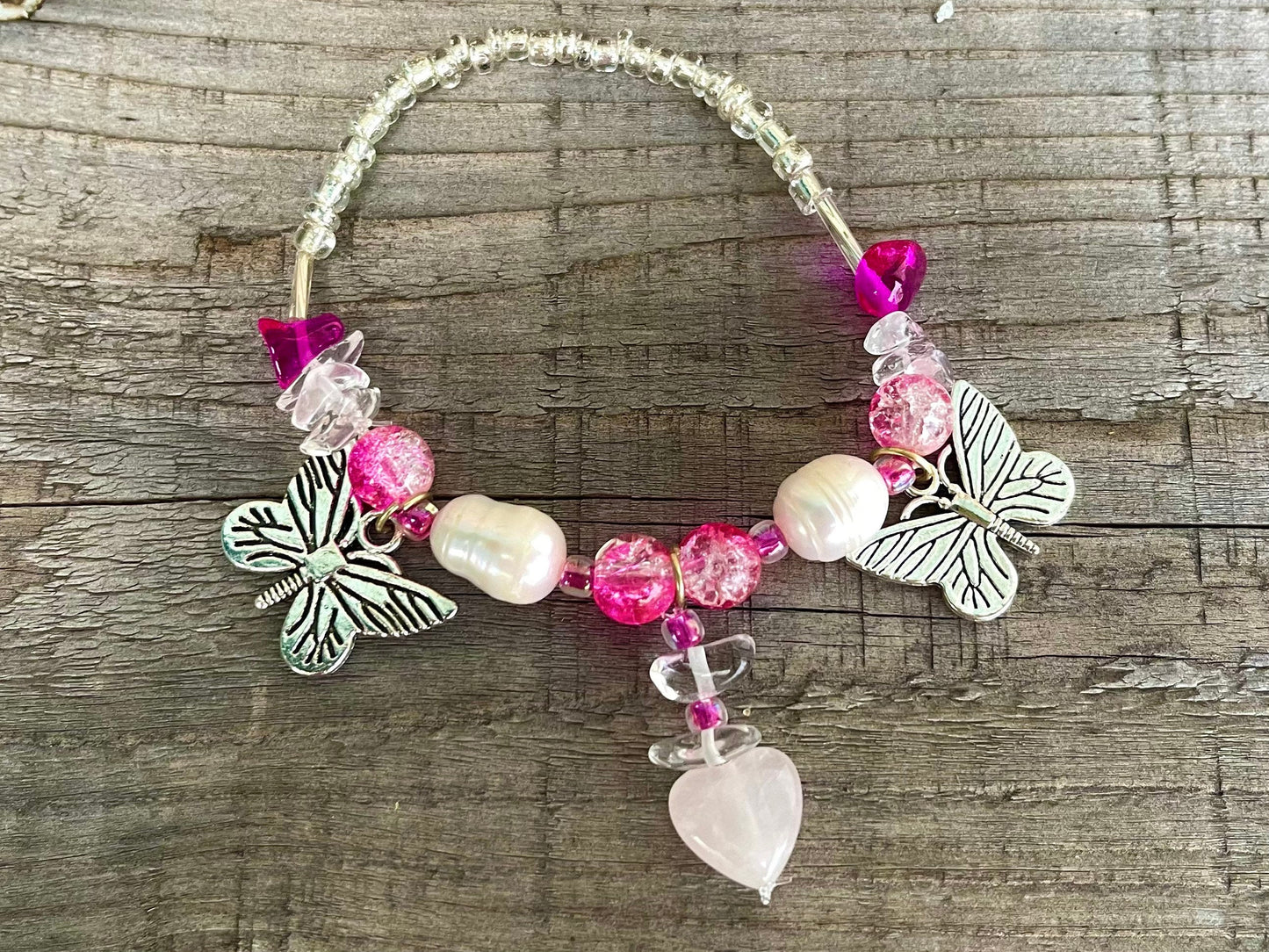 Flutter Hearts - Butterfly Pearl Rose Quartz Pink Bracelet