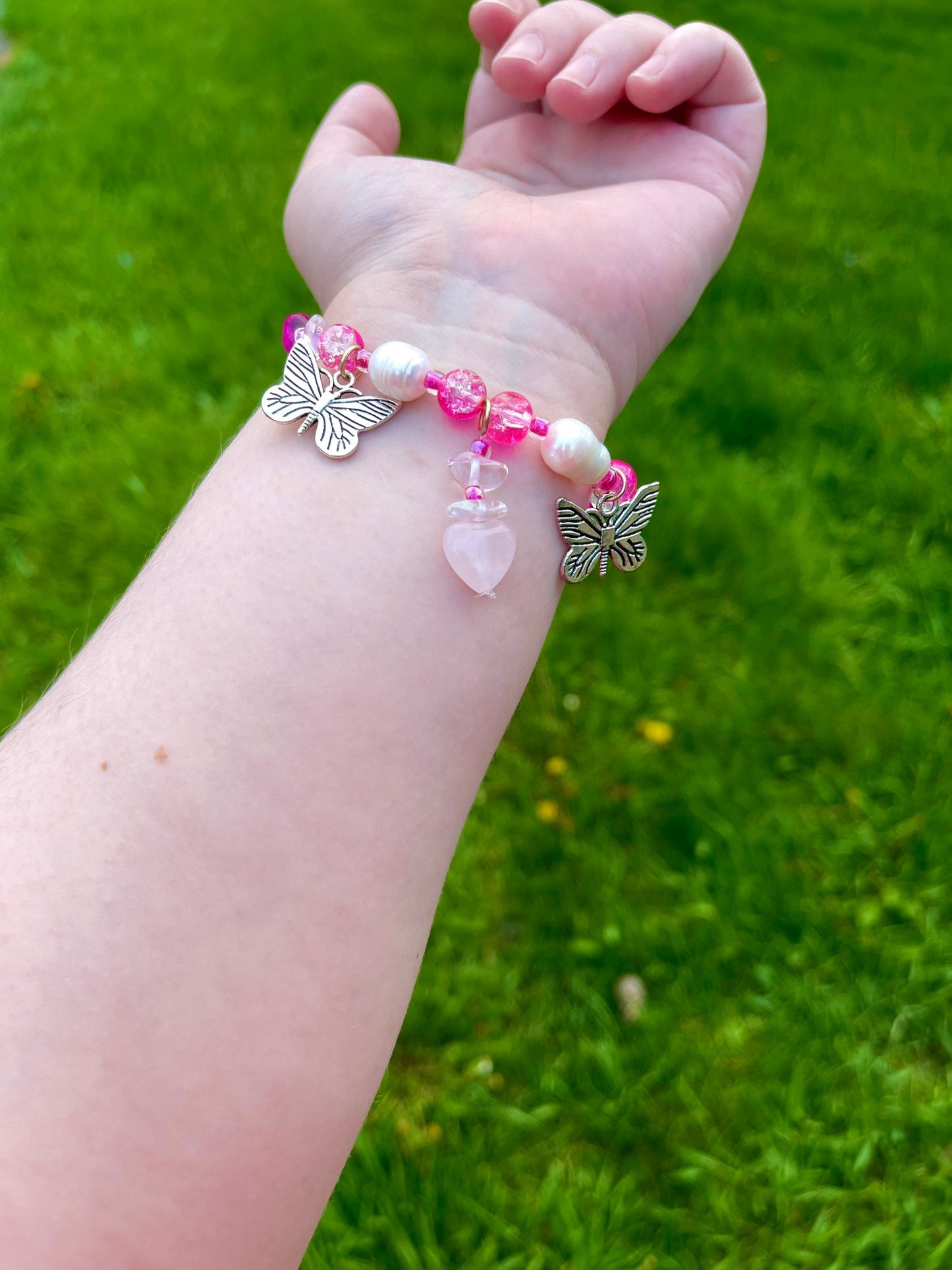 Flutter Hearts - Butterfly Pearl Rose Quartz Pink Bracelet