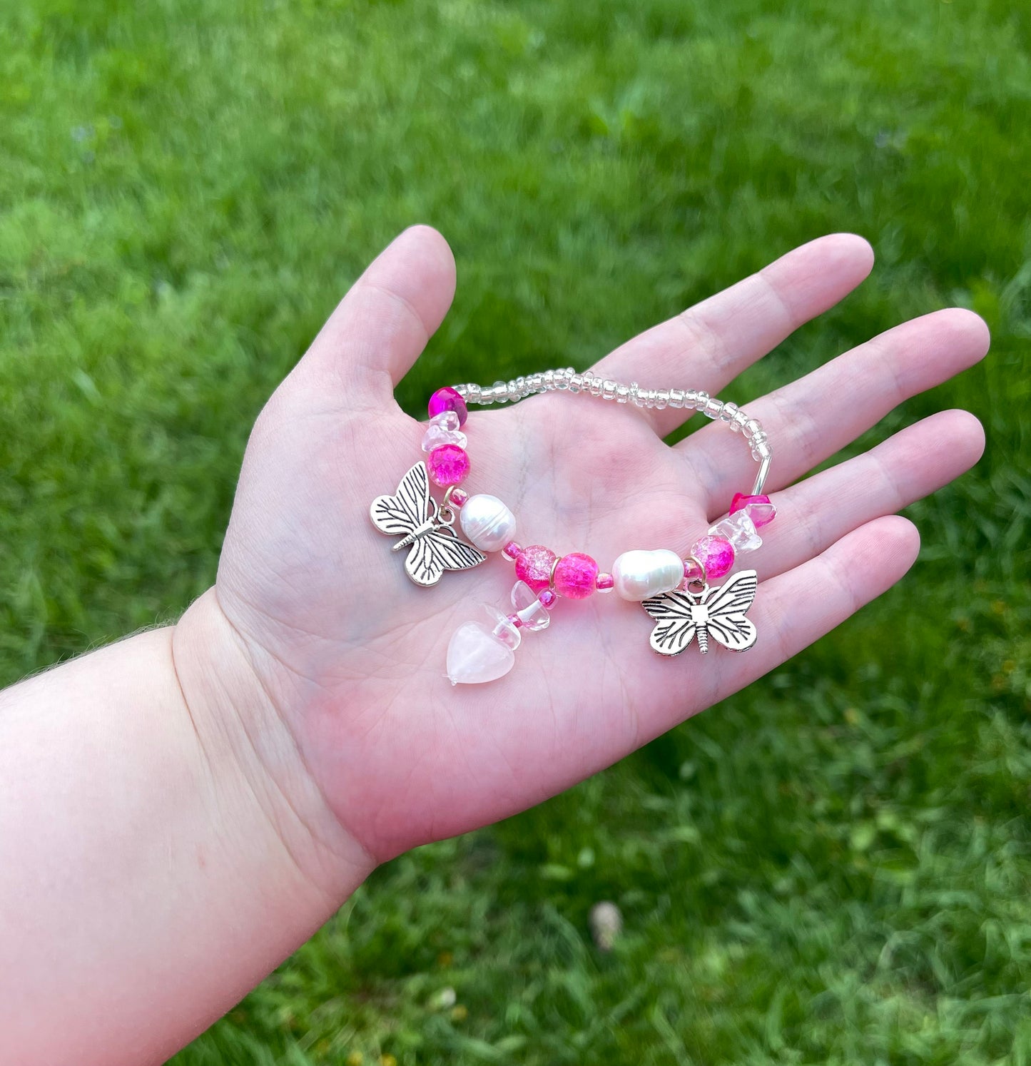 Flutter Hearts - Butterfly Pearl Rose Quartz Pink Bracelet