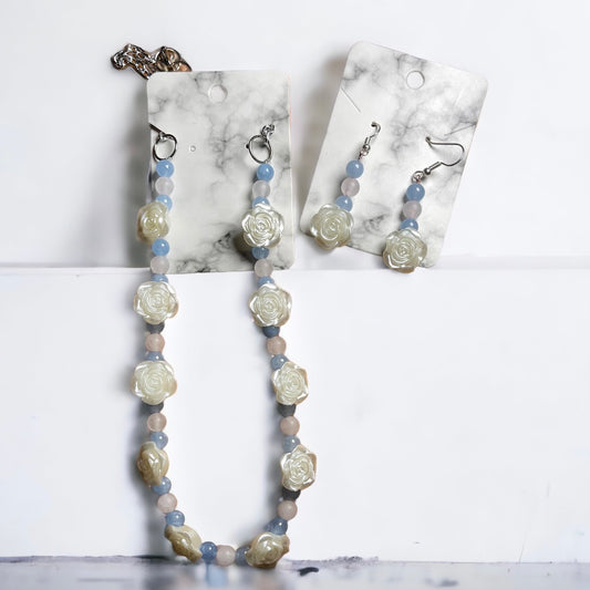 Elegant White Rose Necklace and Earring Set