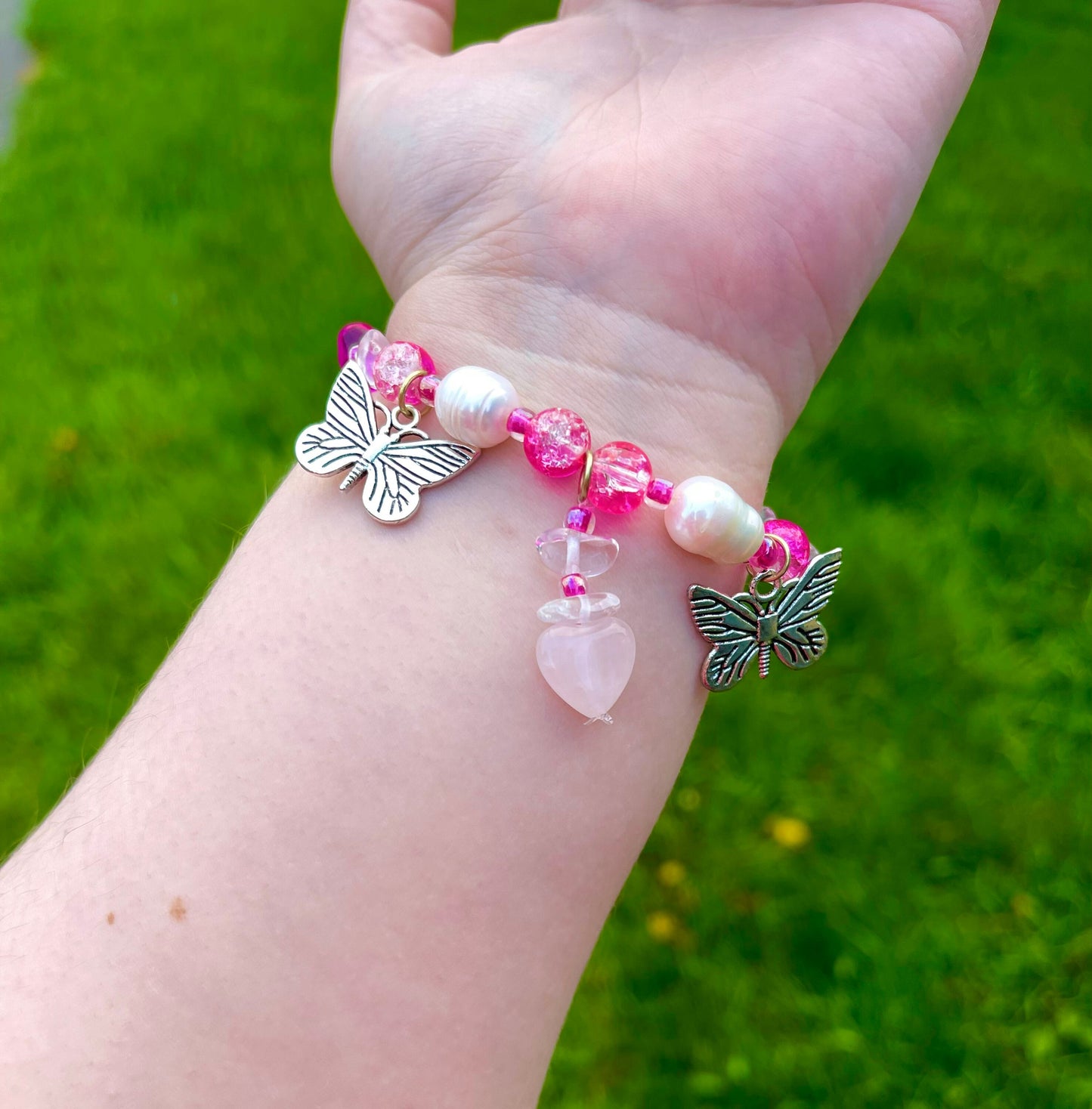 Flutter Hearts - Butterfly Pearl Rose Quartz Pink Bracelet