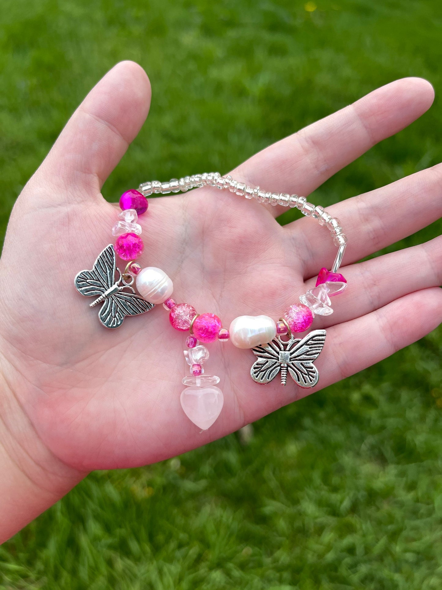Flutter Hearts - Butterfly Pearl Rose Quartz Pink Bracelet