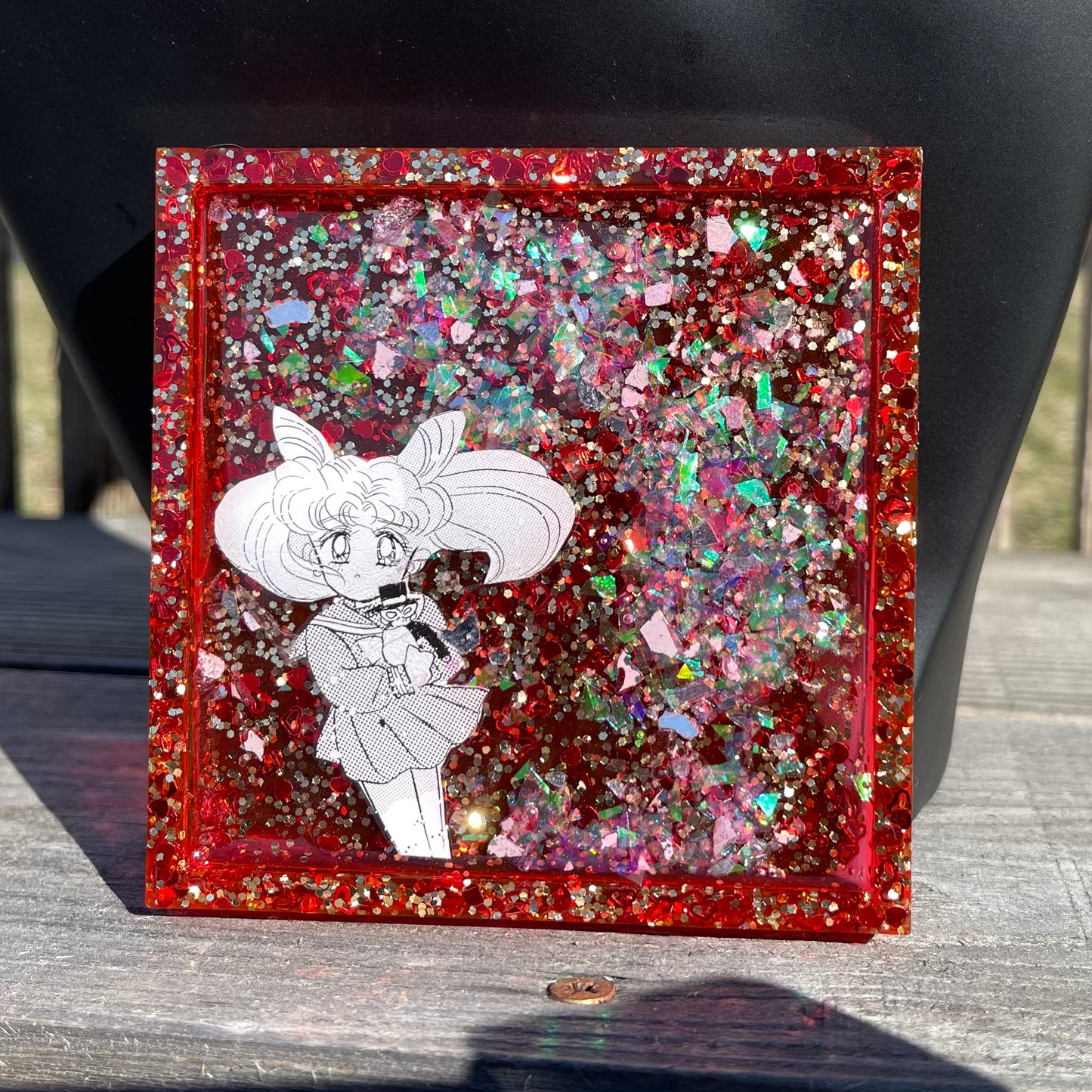 Pink and Red Rabbit Moon Girl Resin Coaster