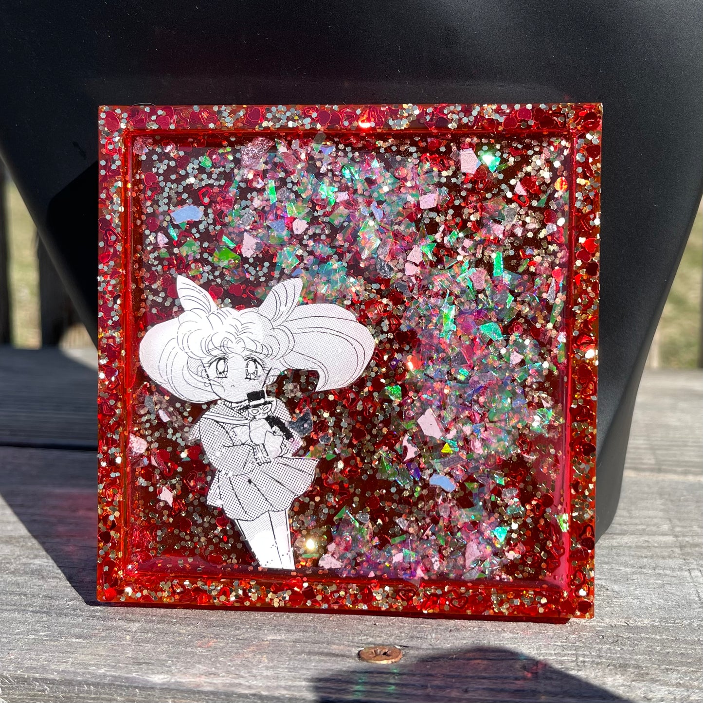 Pink and Red Rabbit Moon Girl Resin Coaster